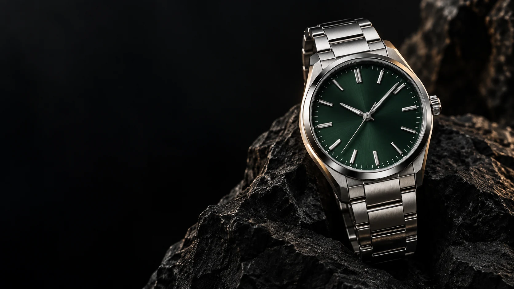 A sculptural steel watch with a dark dial