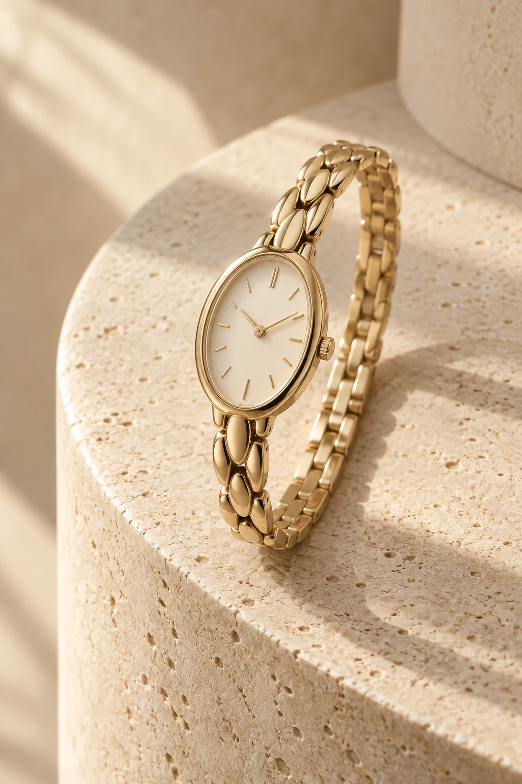 An elegant gold-tone watch in warm light